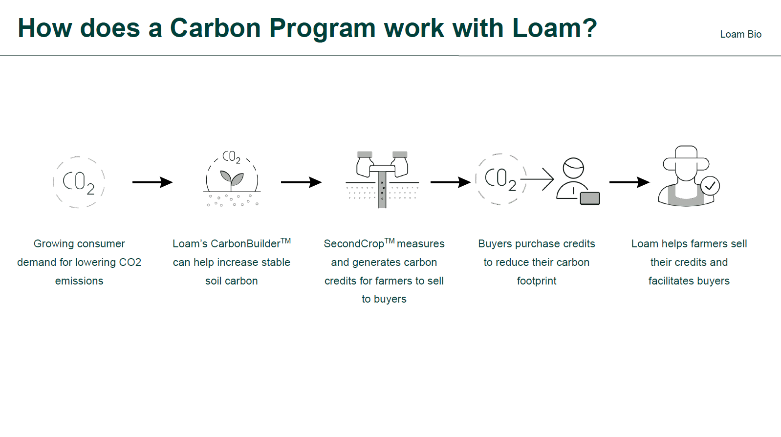 How a carbon program works with Loam: consumer demand for lower CO2, CarbonBuilder increases stable soil carbon, SecondCrop measures and generates credits, buyers purchase credits, and Loam helps farmers sell them